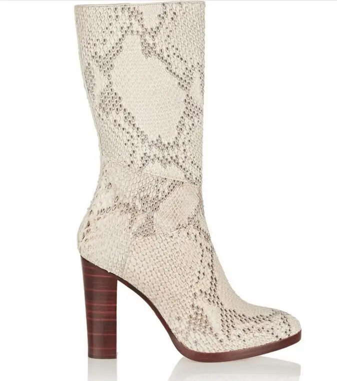 

Discount size 10 Snakeskin Printed Chunky Block High Heel Winter Spring Boots Women White Leather Mid-calf Boots Platform Shoes