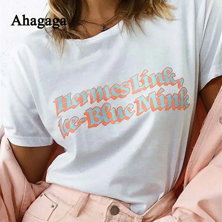 

Ahagaga 2019 Summer T-shirts Tees Women Tops Fashion Letter Print Regular O-Neck Sexy Outerwear Women T-shirts Blusas For Female