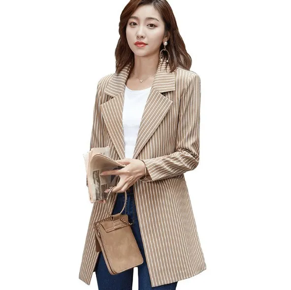 

High Quality Female Double Breasted Suit Jacket Women Grey Khaki Black Pink Striped Blazer Femme Female Office Long Blazer Mujer
