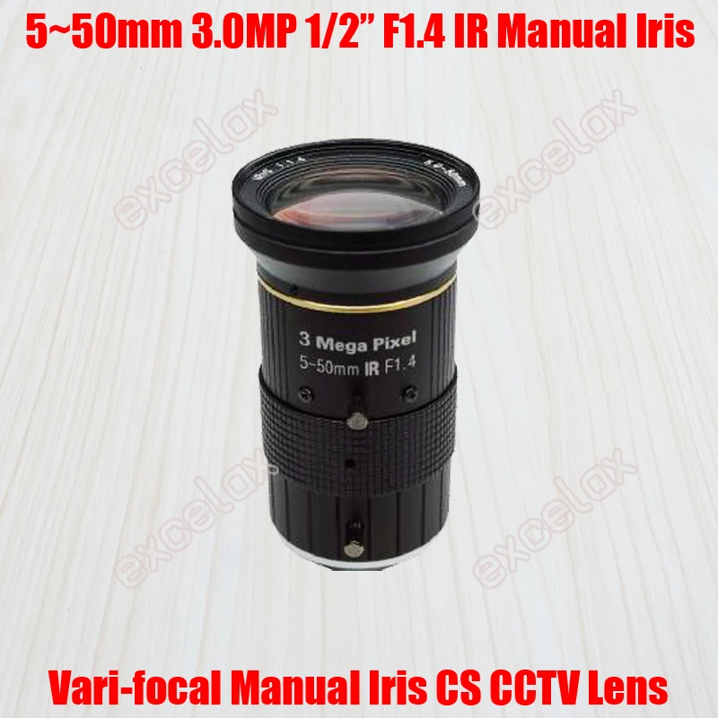 3MP 1/2" 5-50mm F1.4 IR CS Mount Manual Iris Varifocal CCTV Lens for 960P 1.3MP 1080P 2 Megapixel Analog IP Body Box Camera |
