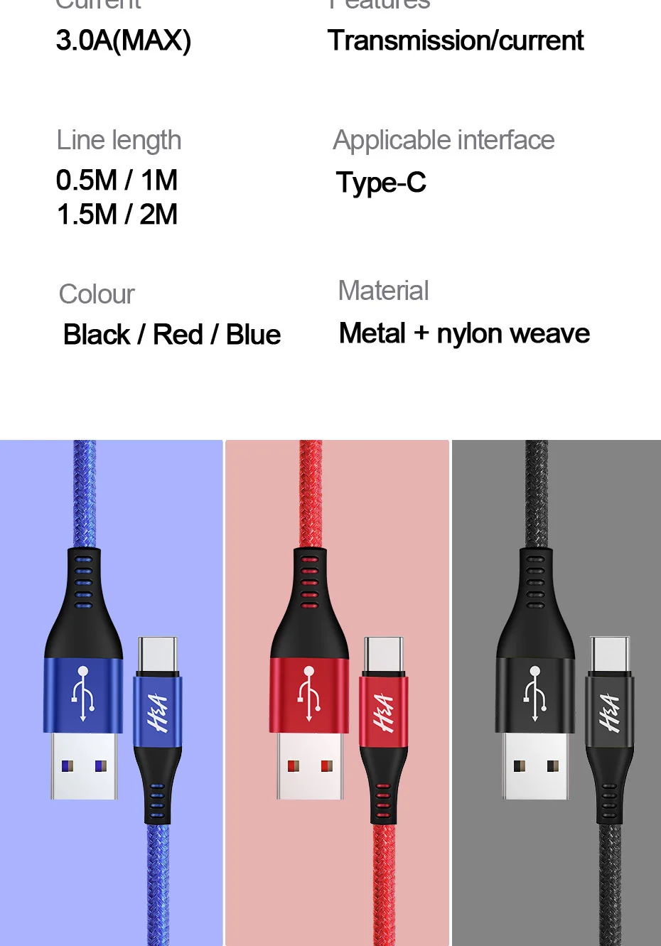 H& A usb type-C кабель для samsung S10 S9 S8 Быстрая зарядка type-C кабель для передачи данных для мобильного телефона huawei P30 Pro USB C кабель