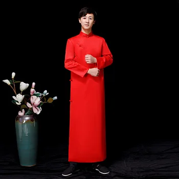 

Red Groomsman Chinese Wedding Cheongsam Traditional Style groom best man Evening Dress Long Gown Qipao Mens Size S - XXL
