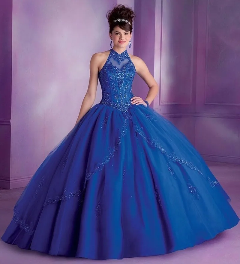 Бальные платья с синими бусинами и лямкой на шее, длинное платье цвета шампанского онлайн, платье для танцев, платье regalos comunion для 15 лет - Цвет: same as pic