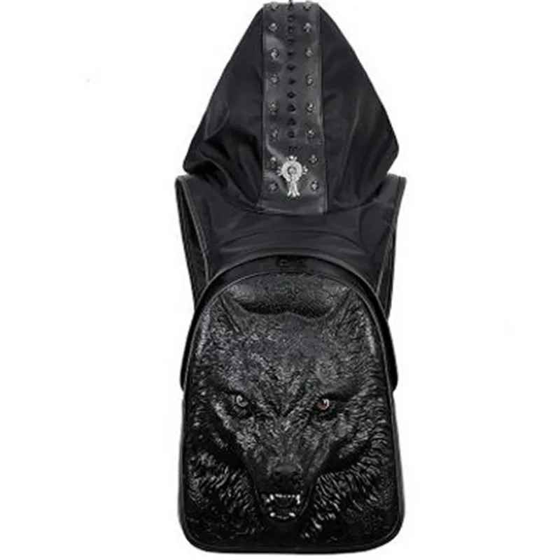 Мужской рюкзак с капюшоном с изображением оборотня, большой мужской рюкзак черного, золотого, серебряного цвета с 3D Дизайном головы волка, рюкзак с капюшоном, модные повседневные сумки - Цвет: Black