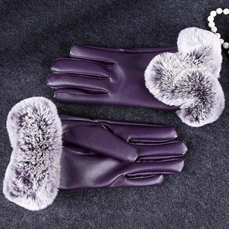Модные женские сенсорный экран черные кожаные перчатки Зима Осень Теплые кроличий мех варежки