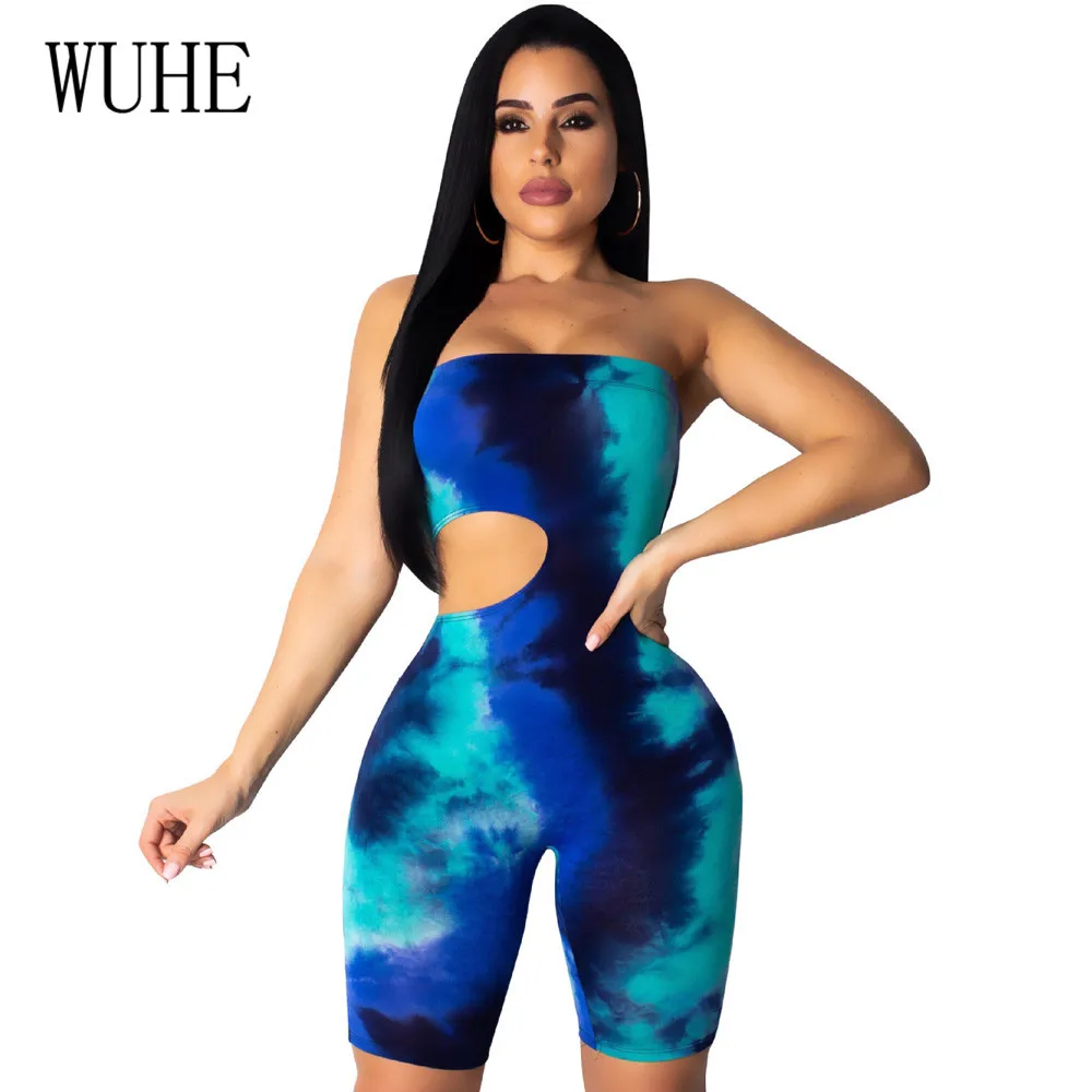 

WUHE Elegant Rainbow Tie Dye Retro Bodycon Jumpsuits Summer Off Shoulder Sleeveless Open Back Sexy Playsuits Femme Club Wear