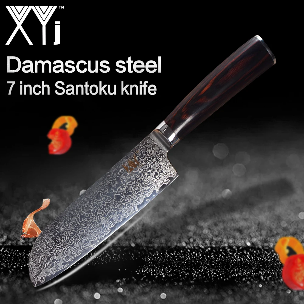 

XYj Handmade Damascus Knife Beauty Pattern 73 Layers VG10 Damascus Steel 7 inch Santoku Knife Color Wood Handle Kitchen Knives