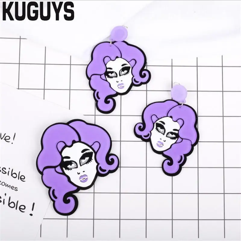 

KUGUYS Fashion Jewelry Acrylic Purple Large Brooches for Women Face Curly Hair Pretty Brooch Trendy Accessory