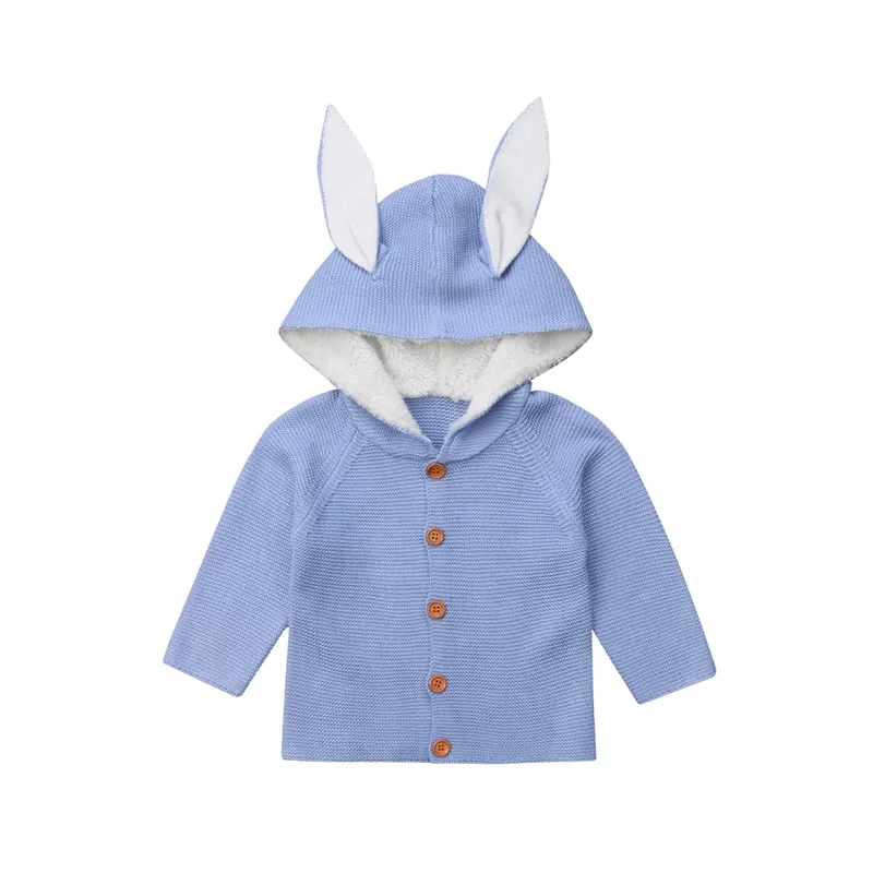 Newborn Toddler Kids Baby Girls Boys Clothes Knitted Hooded solid Button Sweater long sleeve cotton cute Outerwear one pieces - Цвет: Синий