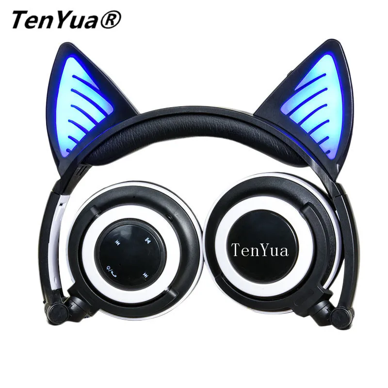 TenYua Wireless Bluetooth Cat Ear Headphones Foldable Gaming Headset Earphone with Glowing Light Halloween Gift for Girls Kids