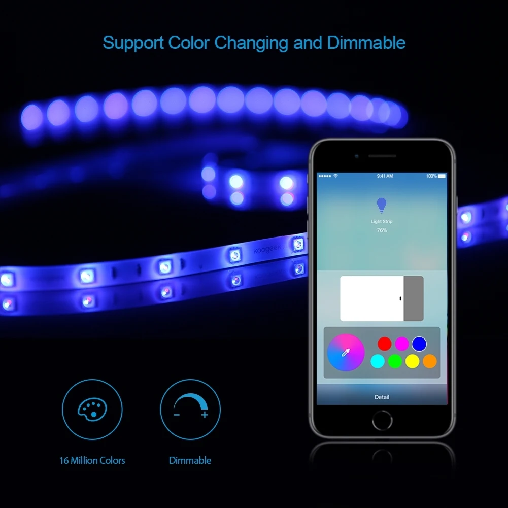 

6.6ft 60 LED Wi-Fi Smart Light Strip Voice Control Remote Control 16 Million Colors Dimmable IP65 Waterproof 500LM USB Powered