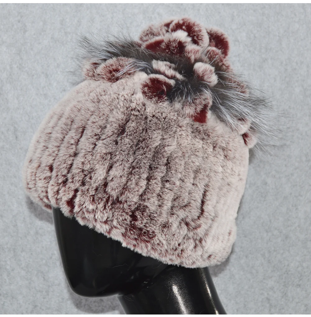 Вязаная женская шапка ручной работы, настоящий мех кролика, топ из лисьего меха, кепки с цветами, женская зимняя теплая Роскошная шапка из натурального меха кролика рекс
