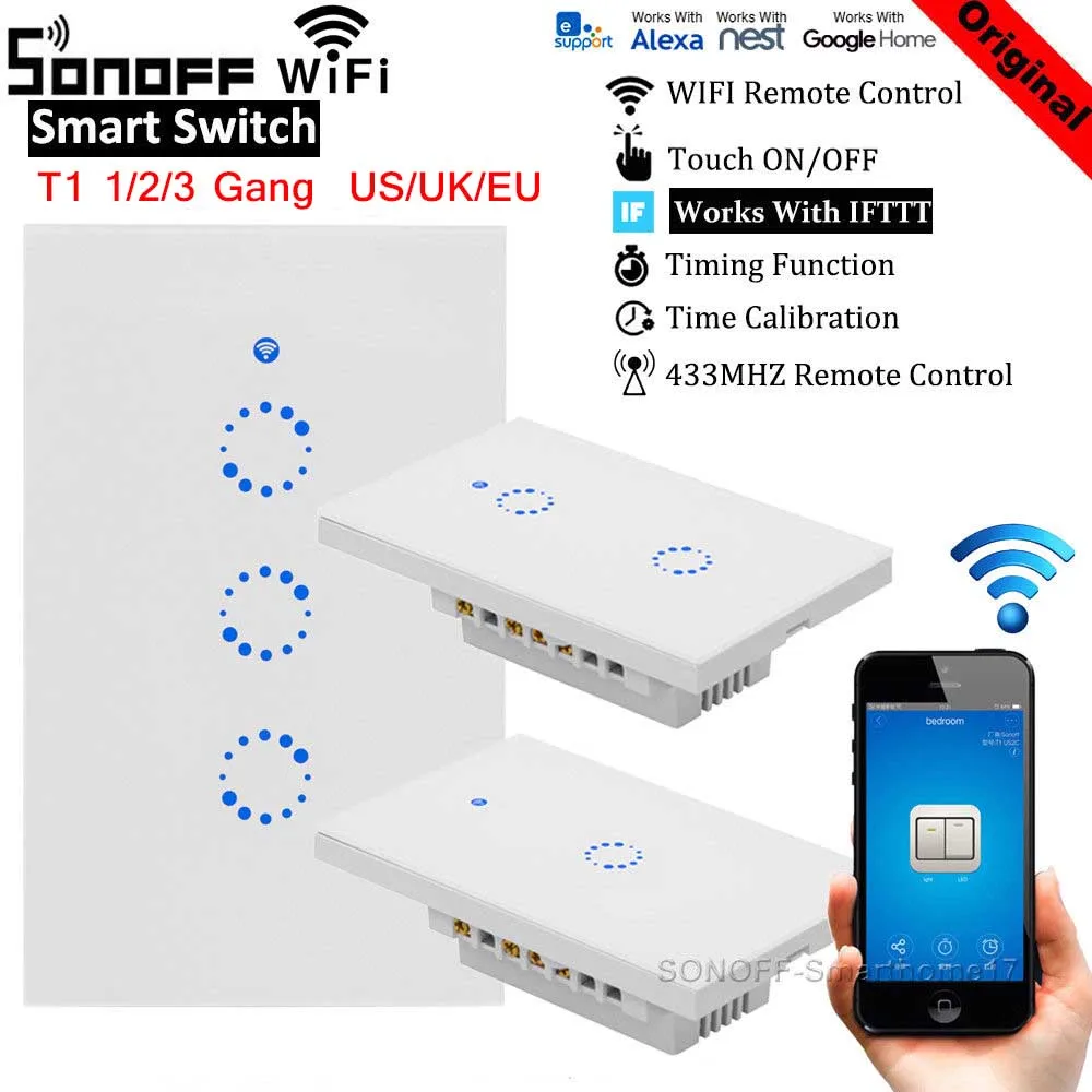 

Sonoff T1 US/EU/UK WiFi RF Touch Switch Wall Smart Home Remote Control 1 /2 /3 Gang 86 Type Panel Work with Alexa Google Home