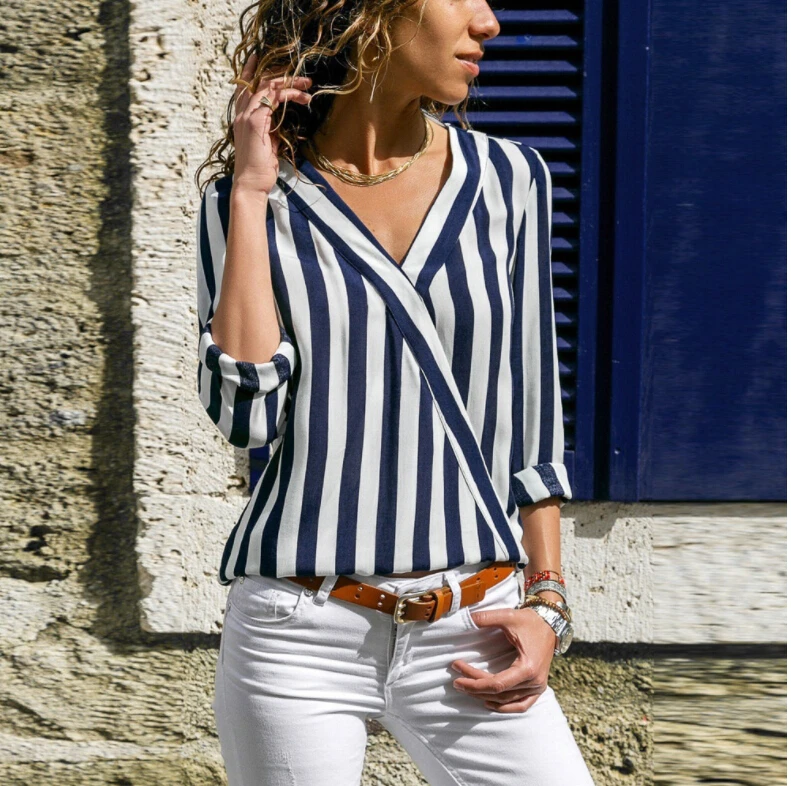 

Women Long Sleeve V Neck Shirt Casual Striped Blouse Fashion Clothing Women's Summer Clothes Ladies Loose Tops