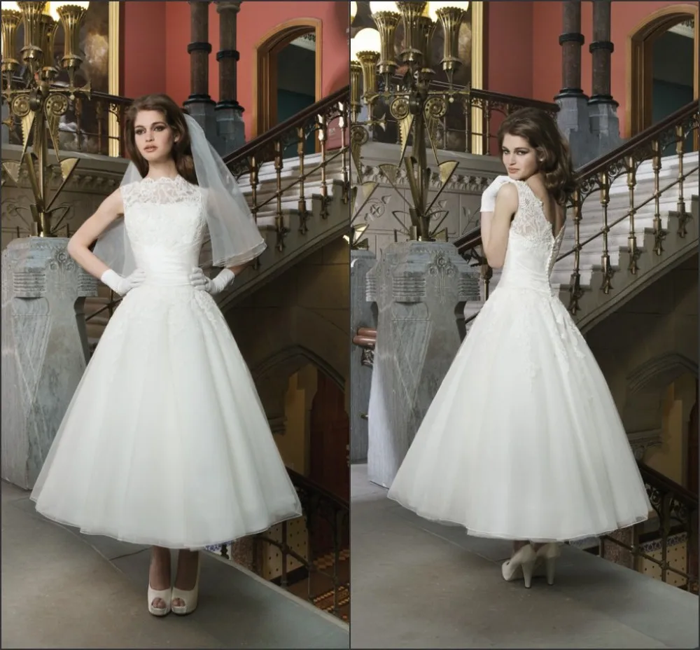 Luxury High Neck Mid Length Wedding Dresses Women 2017 Vestido Novia