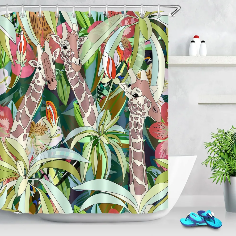 LB Abstract Watercolor Three Giraffes Shower Curtains Liner Tropical Forest Waterproof Custom Bathroom Fabric For Bathtub Decor | Дом и сад