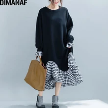 DIMANAF-Vestido largo de algodón de talla grande para mujer, traje largo de algodón grueso con volantes de trompeta, empalmado a cuadros, informal, holgado, de talla grande