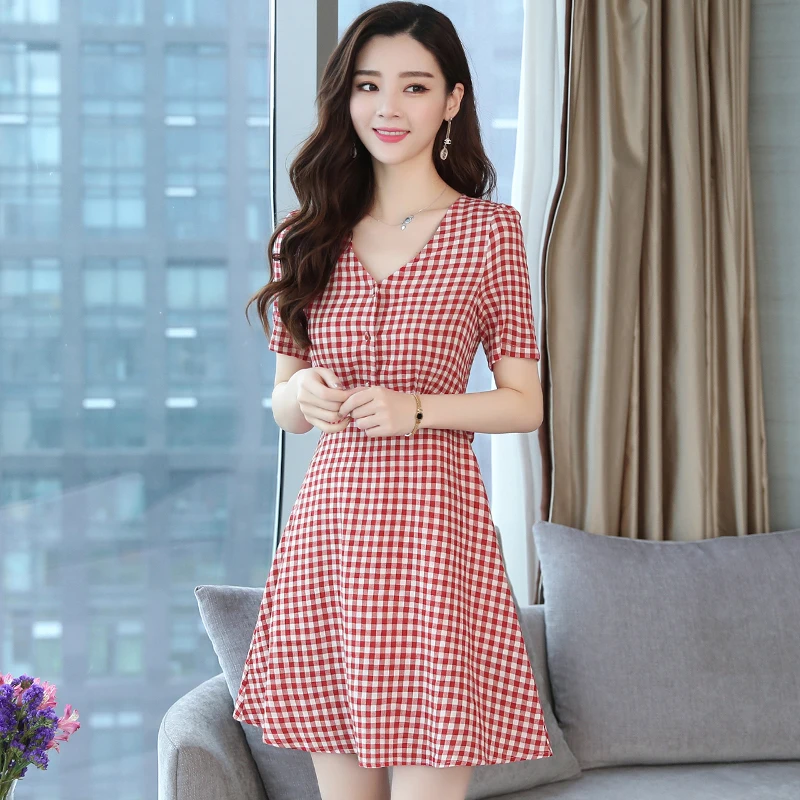 Summer Plaid Brown Cotton Party Women Short Dress Red Sexy Lady Slim Mini Office Classic Short Sleeve Runway Vestido 2019 New
