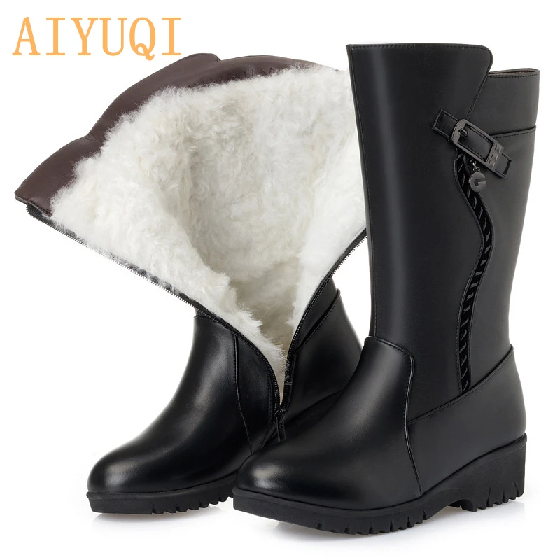 Nuevos Gruesa Wool 41 brown Caliente black Tamaño Planos Mujer Nieve Gran brown Cuero Fluff Para 42 43 Genuino La Wool Aiyuqi Botas 2019 Black Las Fluff De Invierno Mujeres Lana 5qgP5aTw