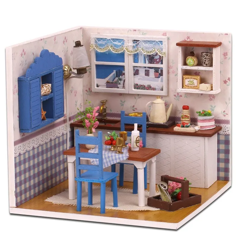 

ZWX013 DIY Children's Doll Houses Custom Mini Blue Kitchen Small House Model Assembly 3D Miniaturas Doll Houses Educational Toys