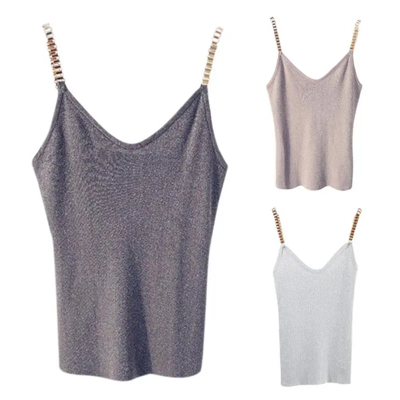 white bra 5 Colors Female Sleeveless Tank Tops Sexy Women V-Neck Knitted Camisole Club Girls Spaghetti Metal Strap Thin Shiny Glitter cami top