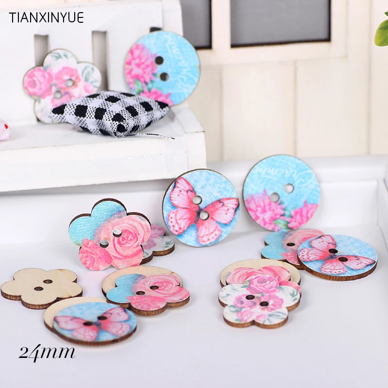 

24 mm 50 pcs Flower Wood Sewing Button Scrapbooking Random color Two Holes Pink Butterfly Buttons,DIY Clothing Accessories