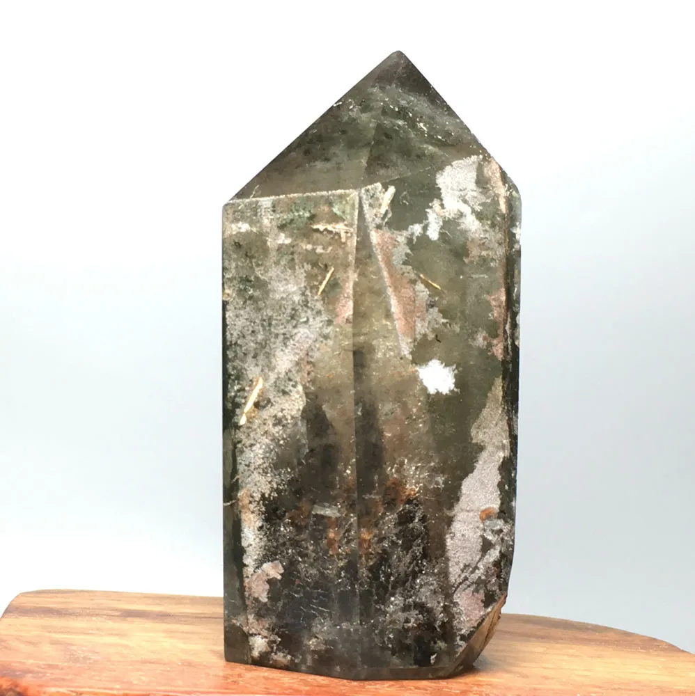 

139g Natural Phantom Green Red Ghost QUARTZ Crystal wand Point HEALING fengshui