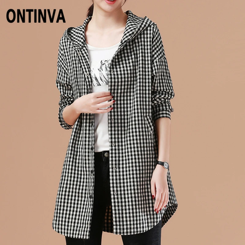 

Women Plaid Black OverCoat with Hooded Hat Patchwork Fall Fashion Casual Long Sleeve M L XL Loose Sudadera Femme Winter Outwear