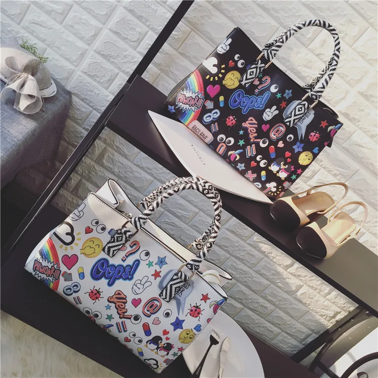 

Lady Handbag Cartoon Print Graffiti Large Capacity Casual Tote Bag Personality Travel Shopping Shoulder Fashion Crossbody Girls