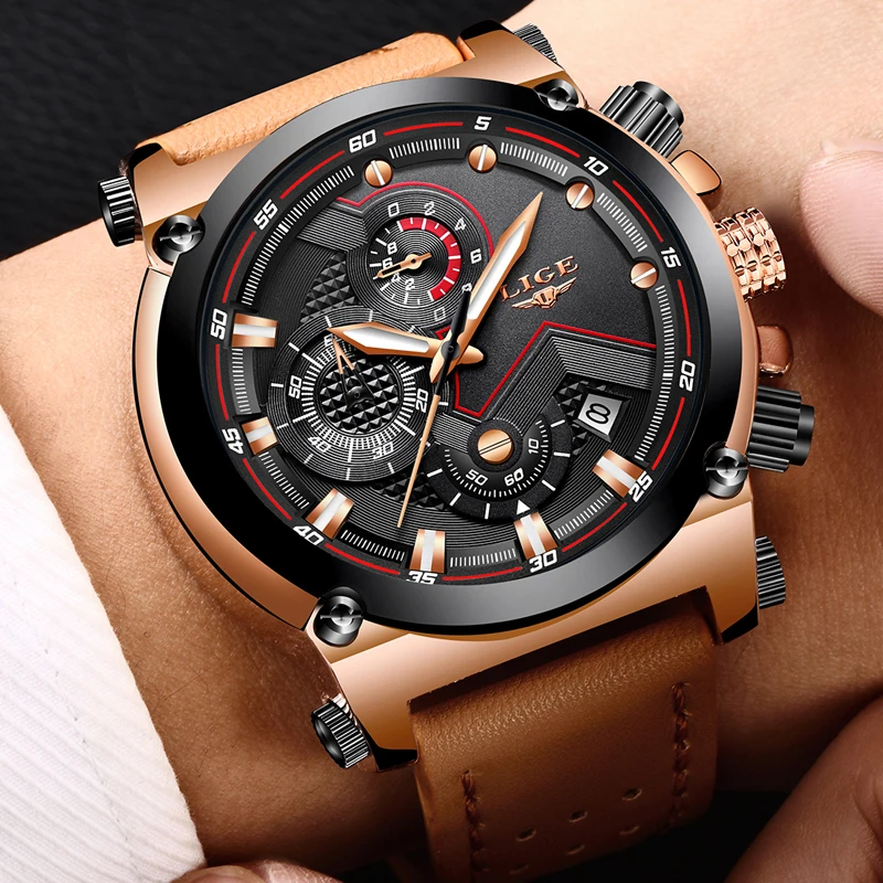 2018 Military Watch sport Men's Watches LIGE Top Brand Luxury Quartz Leather Waterproof Wristwatch