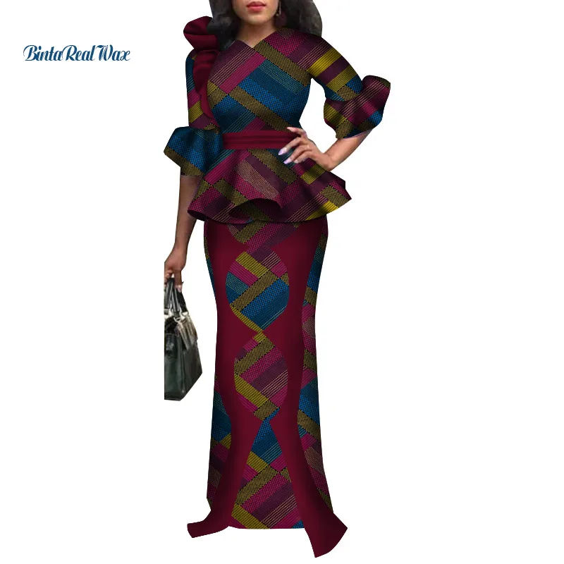 Традиционная африканская женская одежда 2 шт. Юбки наборы Африканский галстук-бабочка топ и Юбки наборы для женщин Базен Riche WY4160 - Цвет: 7