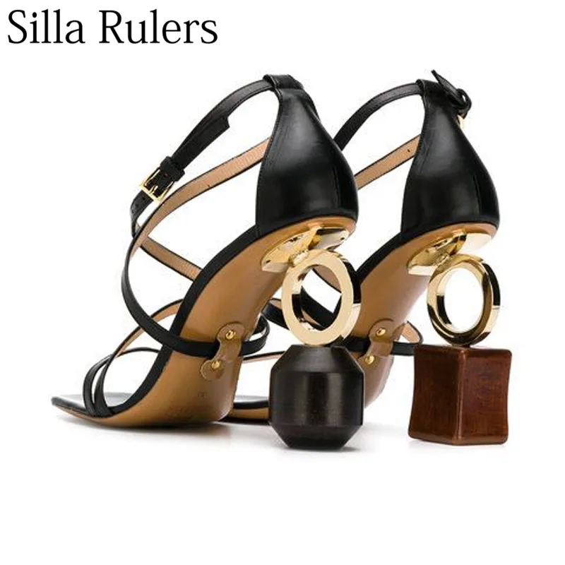 

Silla Rulers 2018 New Summer Asymmetric Block Heel Strange Style Sexy Women Sandals Real Leather Show Sandals Women Party Shoes