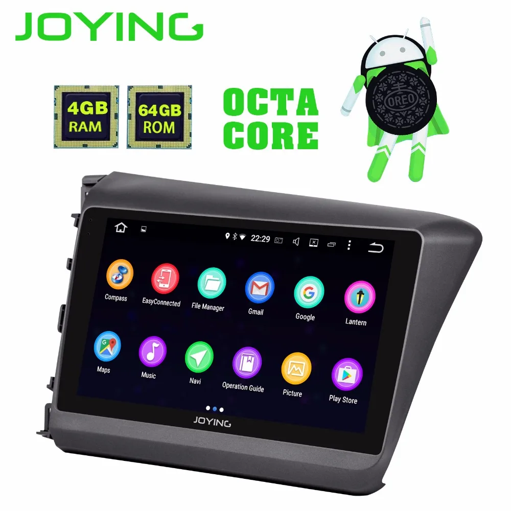 Discount JOYING 9" Octa core Android 8.0 Car Radio player 4G RAM 64G autoradio For Honda Civic 2012-2015 Support SWC TPMS Video output 1