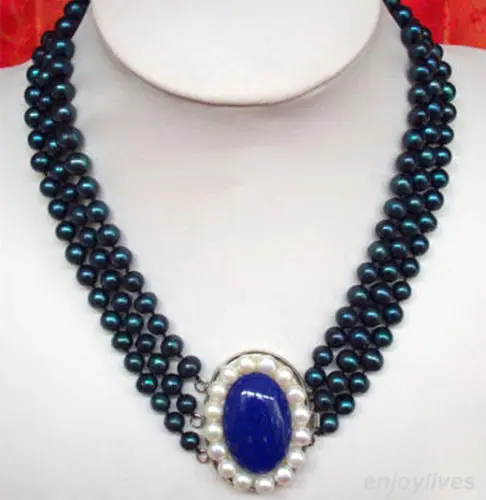 

FREE SHIPPING>>>@@ > Hot sale new Style >>>>>3 Rows Real Black Pearl & Lapis Lazuli White Pearl Clasp Pendant Necklace