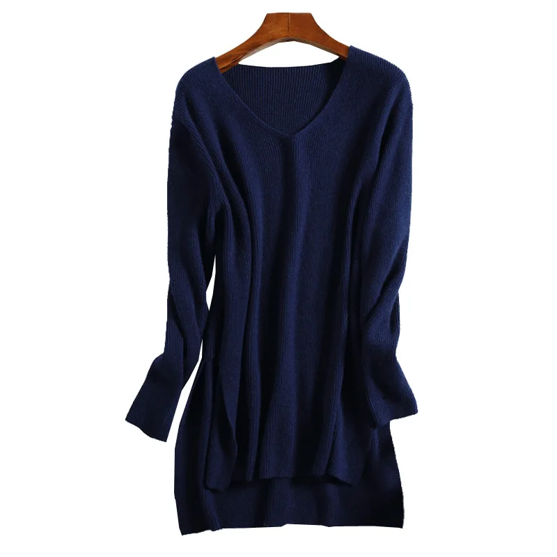 

2019 New 100% Real Cashmere Sweater Woman Big V Collar Long Loose Sweater Thick Knitted Baskets Pullover Dress female v-neck