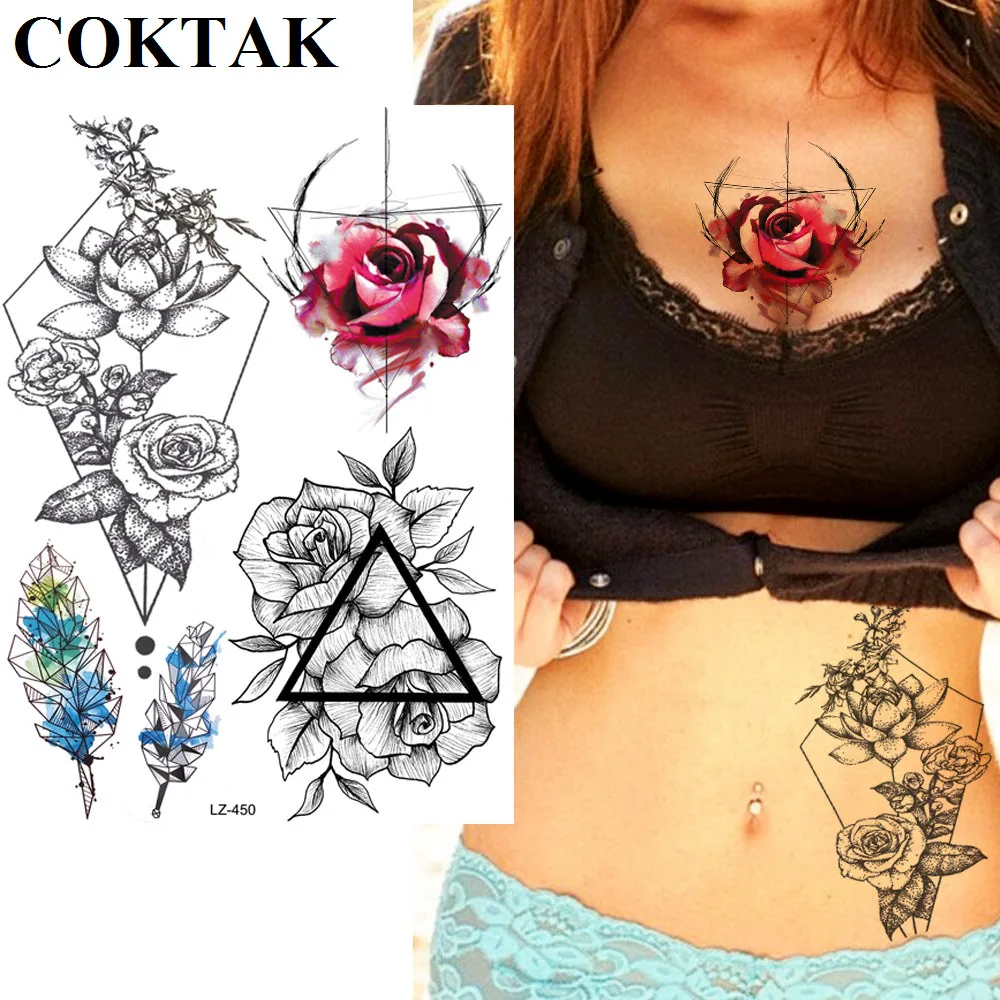 Женские Геометрические татуировки COKTAK Lotus Rose летние сексуальные фальшивые в виде