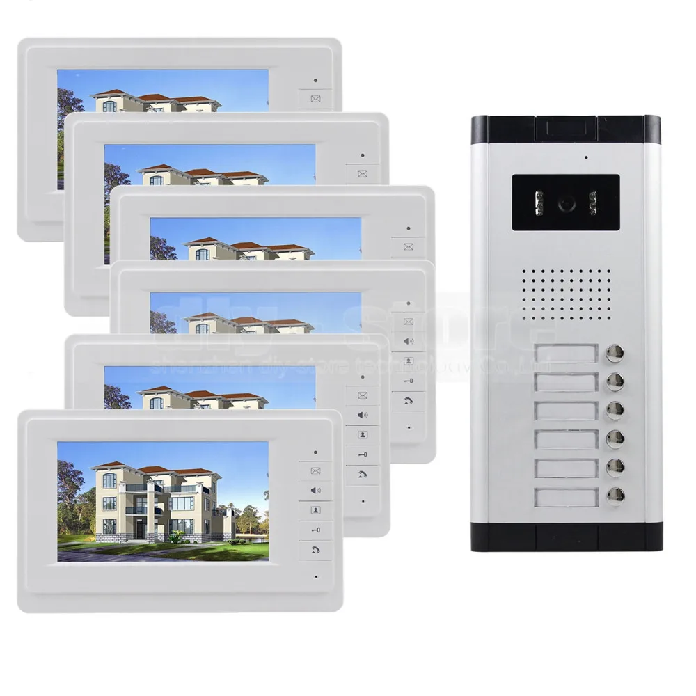 DIYSECUR 7\ 4-Wired Apartment Video Door Phone Audio Visual Intercom Entry System IR Camera For 6 Families DIYSECUR 7\ 4-Wired Apartment Video Door Phone Audio Visual Intercom Entry System IR Camera For 6 Families