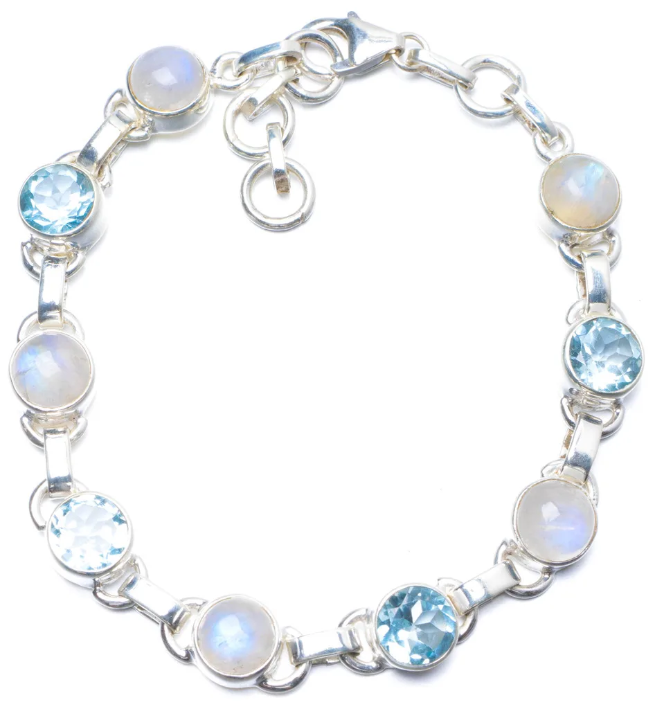 

Natural Moonstone and Blue Topaz Handmade Unique 925 Sterling Silver Bracelet 7-7 3/4" Y0052