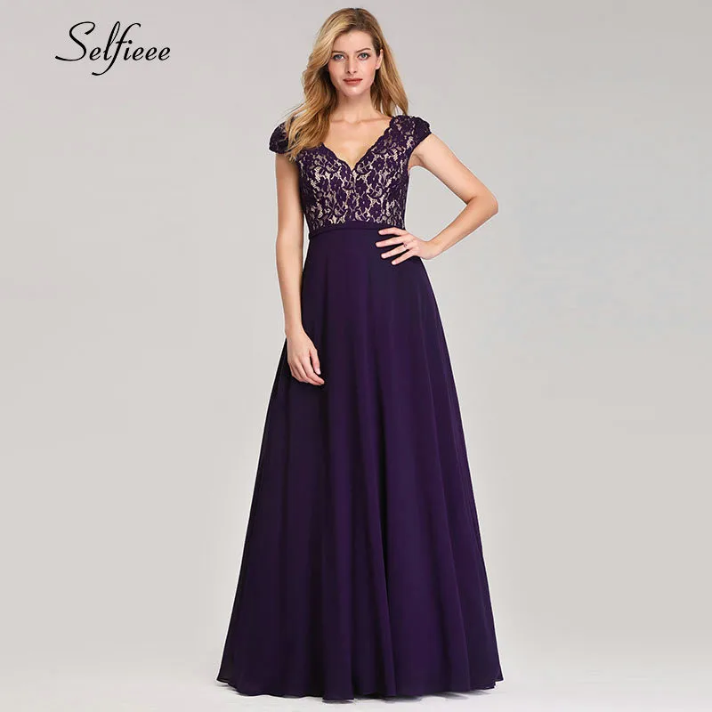 

New Fashion A Line V Neck Long Burgundy Party Dresses 2019 Elegant Lace Summer Beach Dress Women Chiffon Vestidos De Fiesta