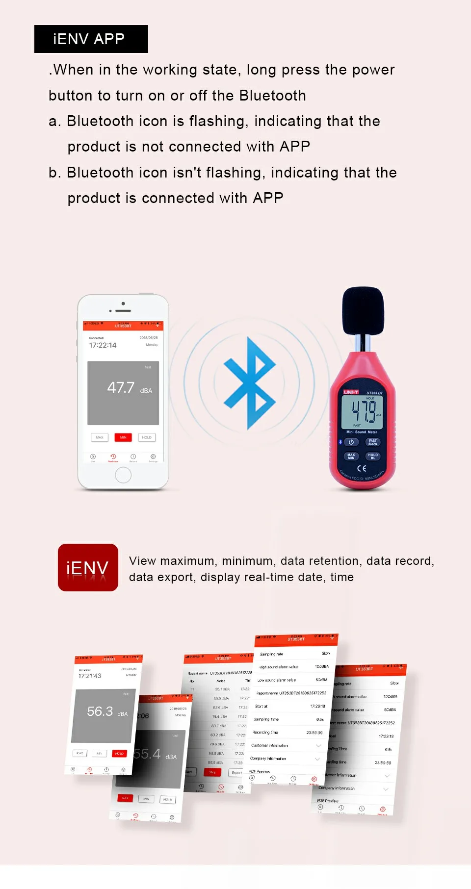 UNI-T UT353BT измеритель уровня звука цифровой Bluetooth измеритель шума 30-130dB децибел мониторинг шумомеры