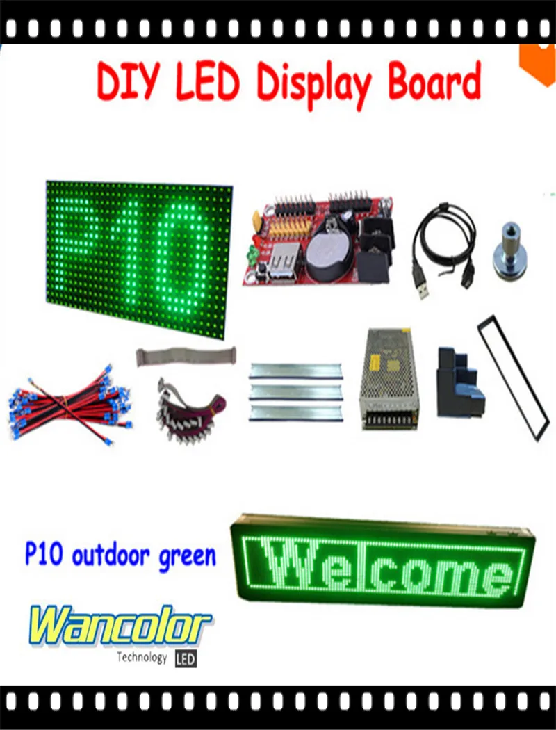 

free shipping DIY LED text sign 20pcs p10 outdoor LED display green color module+ power supply+controller +frame+corner+cables