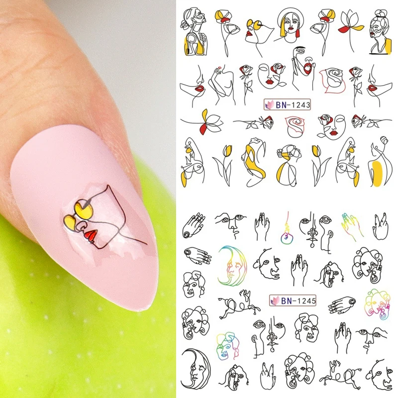 

12patterns/sheet Black Line Coloful Abstract Pattens Sliders Nail Sticker Decals Sexy Women Water Transfer Slider For Nails Art