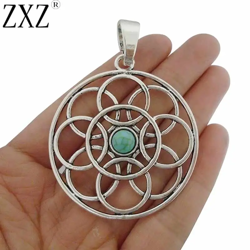 

ZXZ 2pcs Antique Silver Large Round Charms Pendants with Imitation Turquoise Stone for Necklace Jewelry Making Findings 68x51mm