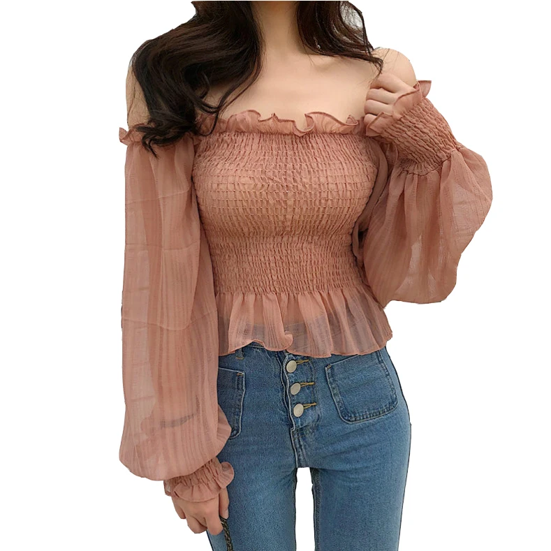 

Spring 2018 Fashion Woman Off The Shoulder Blouse for Women Top Sexy Chiffon Shirt Vintage Lantern Sleeve Ruffles Blouse Female