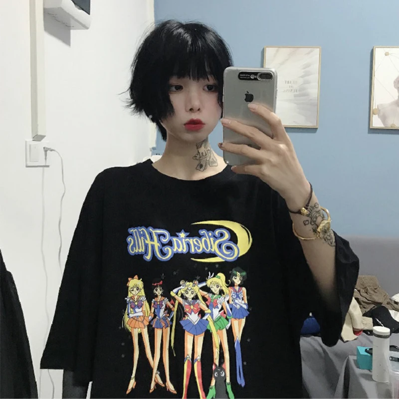 

Sailor Moon new fashion large size loose female hip hop cartoon print oversize short sleeve Harajuku tops tees fun t-shirt