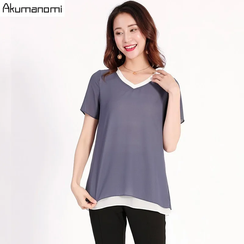 

Summer Chiffon Blouse Women 2019 Plus Size 5xl Blue Top V Collar Short Sleeve Loose Casual Shirt Blusa Feminina Chemise Camicia