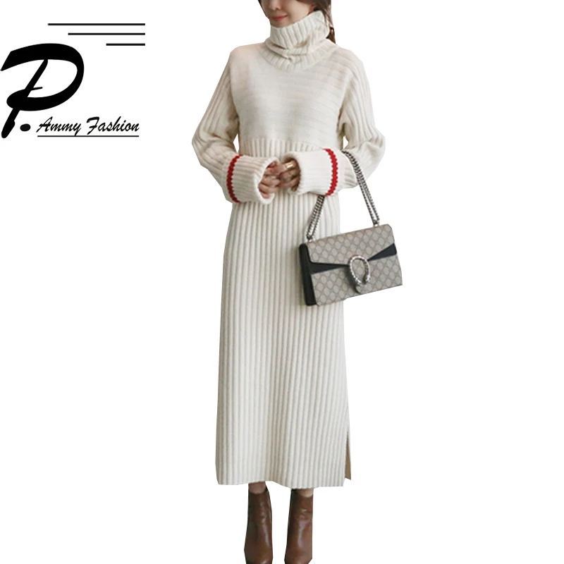

2018 Women's Autumn Winter solid color loose large size long section High Neck knitting Fashion Pullovers Sweater Dress