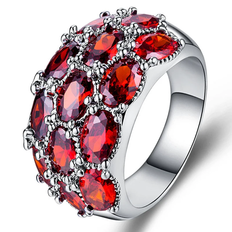 Anitique серебро полный красный камень прямоугольник большие кольца для женщин Для мужчин Винтаж подвеска с Цирконом обручальные подарки