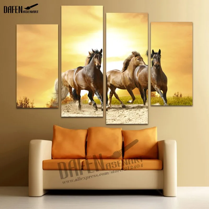 Modern Wall Painting 4 Panels Animal Picture Running Horse for Bedroom Art Canvas Prints Framed canvas painting | Дом и сад