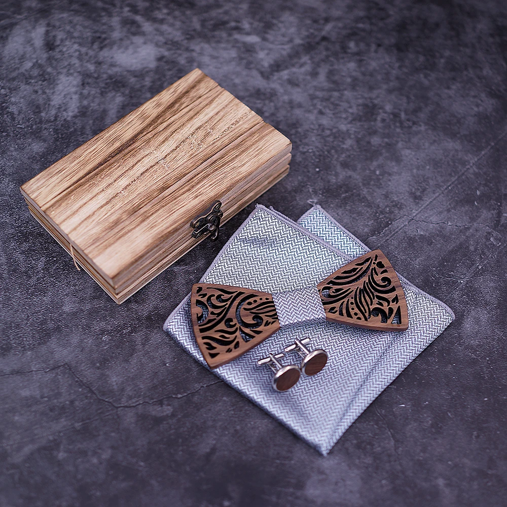  Wooden Bow Tie set and Handkerchief Bowtie Necktie Cravate Homme Noeud Papillon Corbatas Hombre Paj